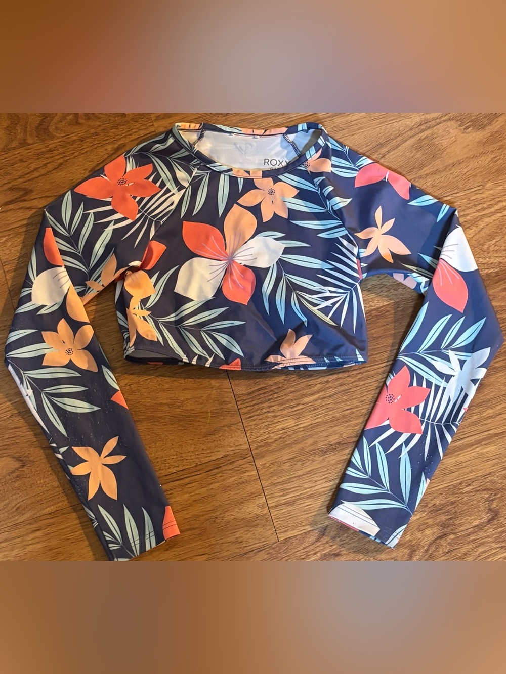 Roxy Girls Navy Long Sleeve Floral Rash Guard Crop Top with Coral & Peach Blooms